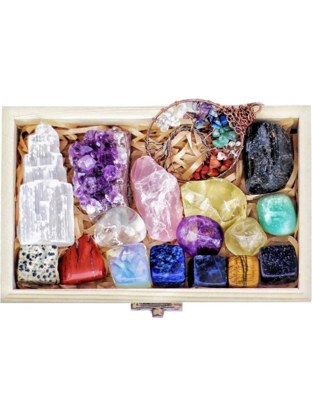 Healing Crystals Set - 16 Chakra Stones for Stress Relief, Wooden Box & Guide